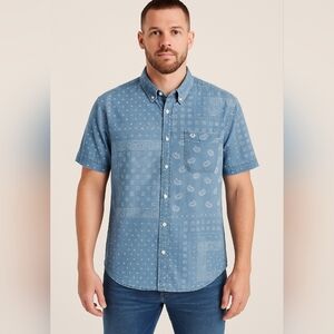 True Religion XL Bandana Patchwork Denim Button-Up Shirt Logo Pocket‎